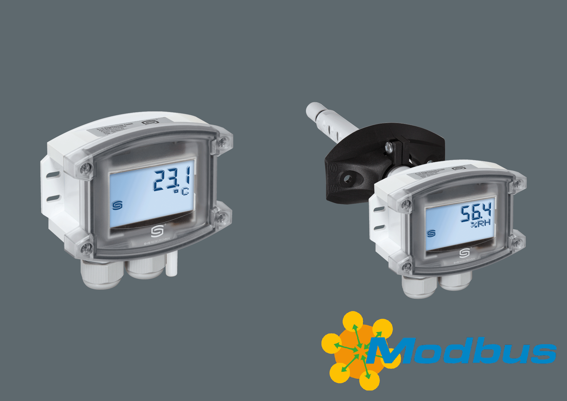 Outdoor temperature sensor and duct humidity sensor with Modbus connection and logo in the bottom right-hand corner