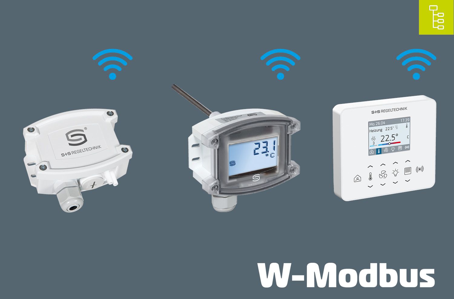 three PowerIO devices on dark gray background. Top right the symbol for the Modbus area