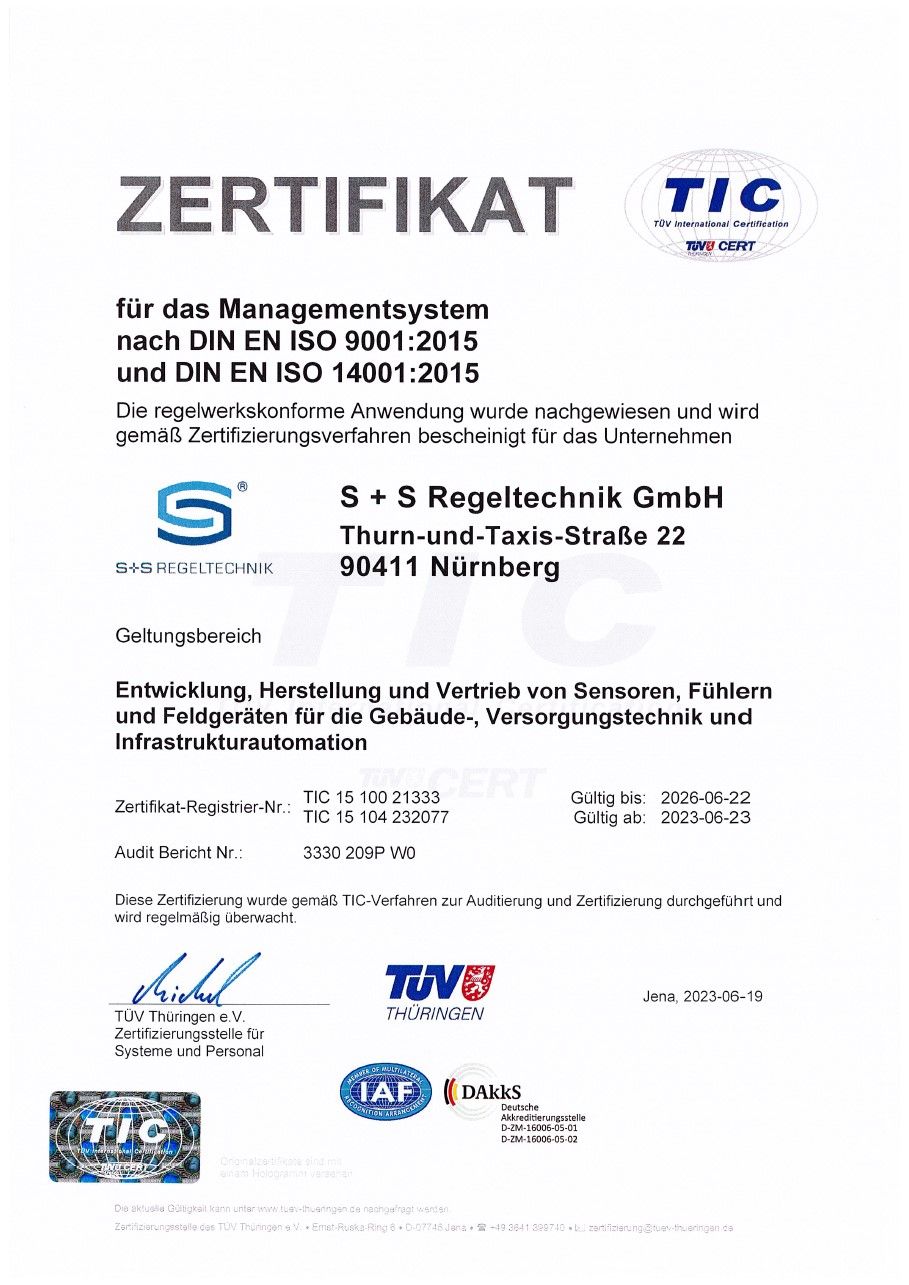 Title page von dem Zertifikat ISO14001 von S+S Regeltechnik