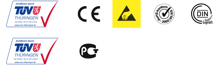 TÜV Zertifikate sowie DIN, CE und EAC Zeichen und Symbole